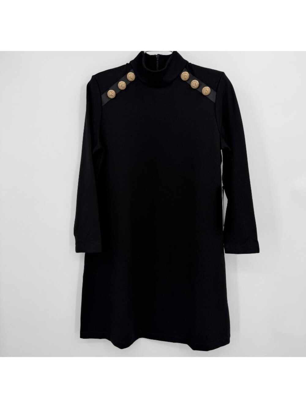 Tuckernuck Black Lawson Mock Neck Dress size S Small A-Line Mini Gold Buttons